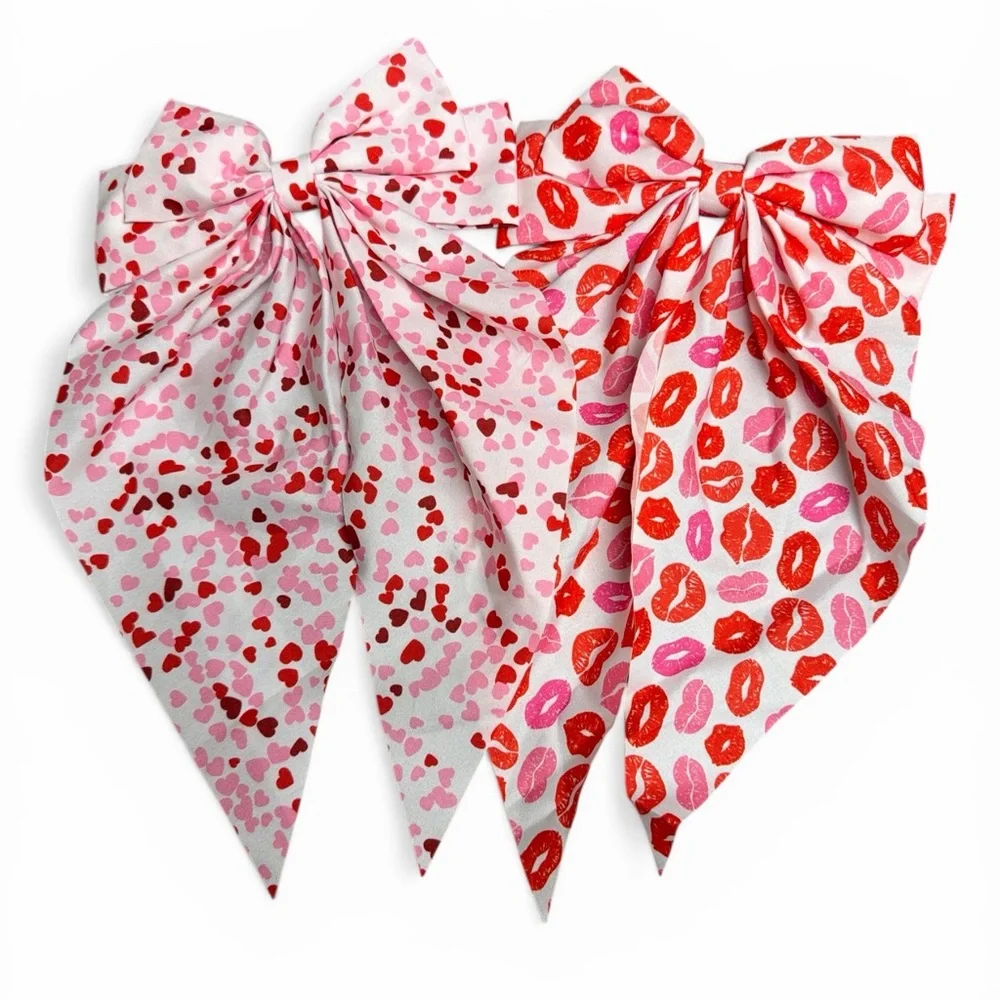 Bow Hair Clips Pink and Red Hearts and Lips Patterned with 3” clips set of 2